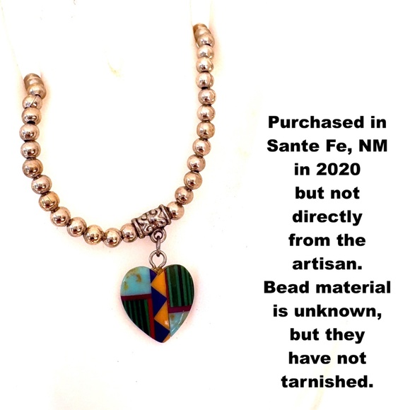 bracelet vintage heart inlay Southwestern Zuni or Navajo stretch silver beads - Picture 3 of 8
